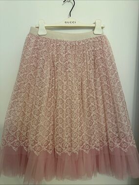Gucci Pink Lace Monogram Tulle Midi Skirt